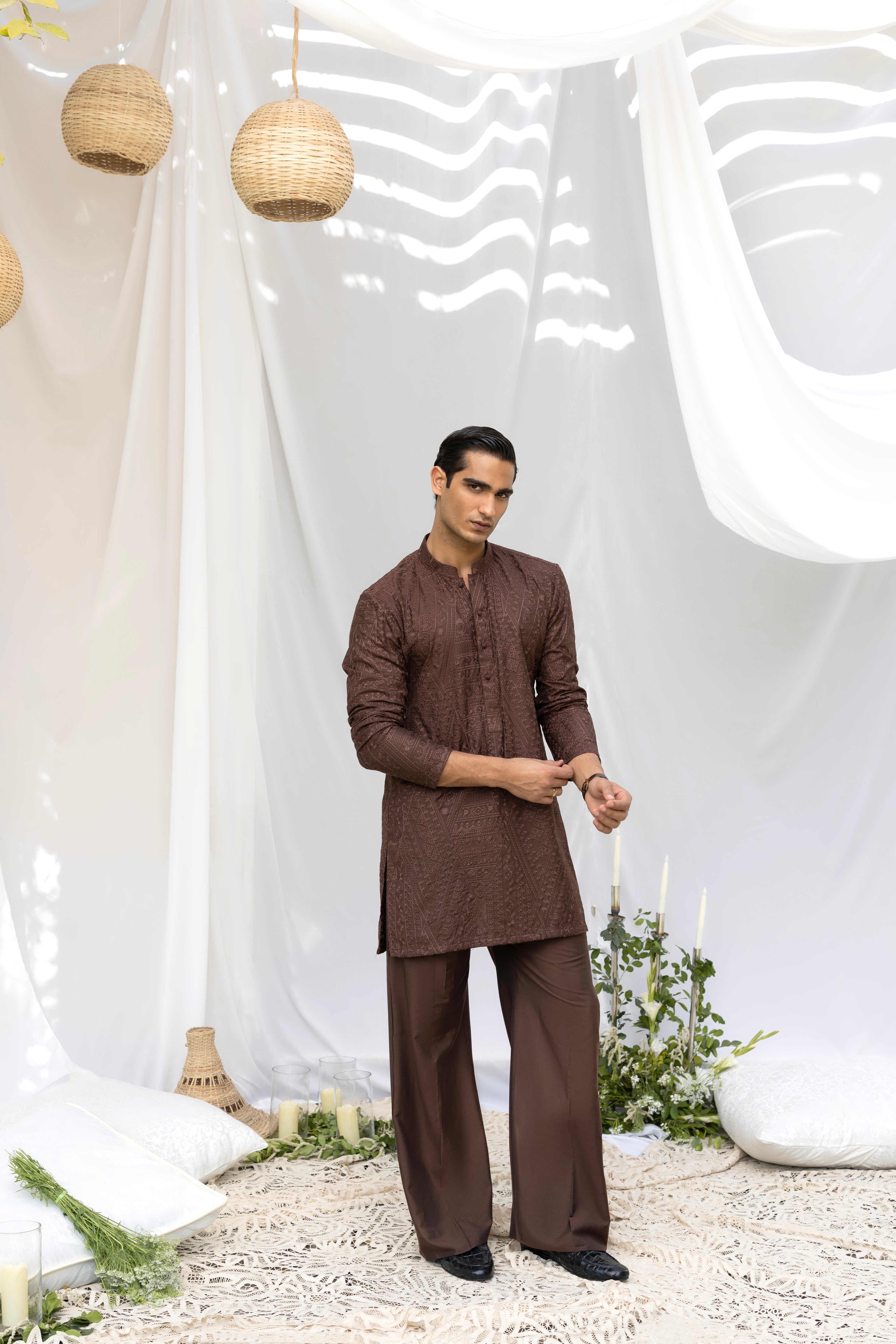 Brown Tarqee Kurta Pajama