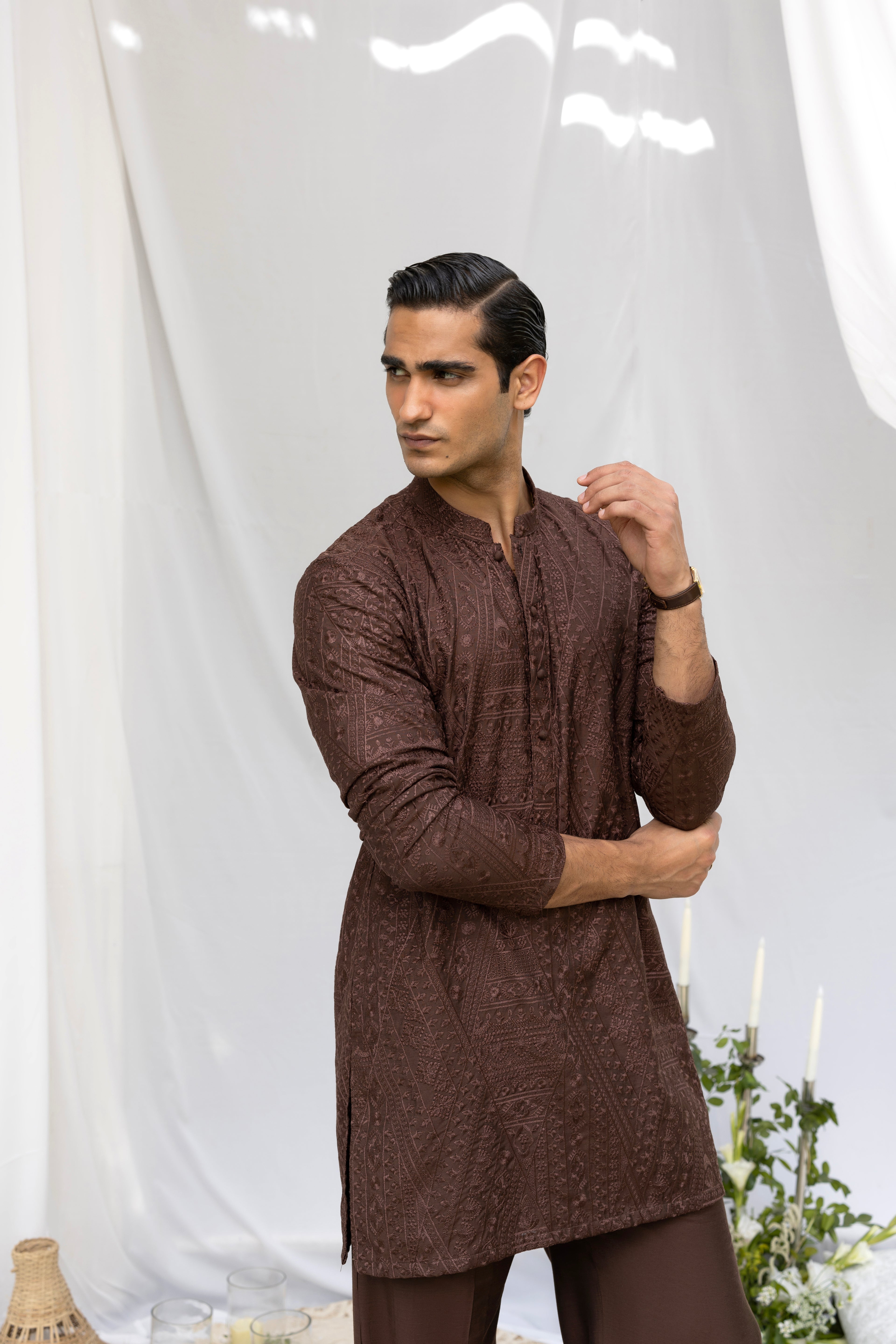 Brown Tarqee Kurta Pajama