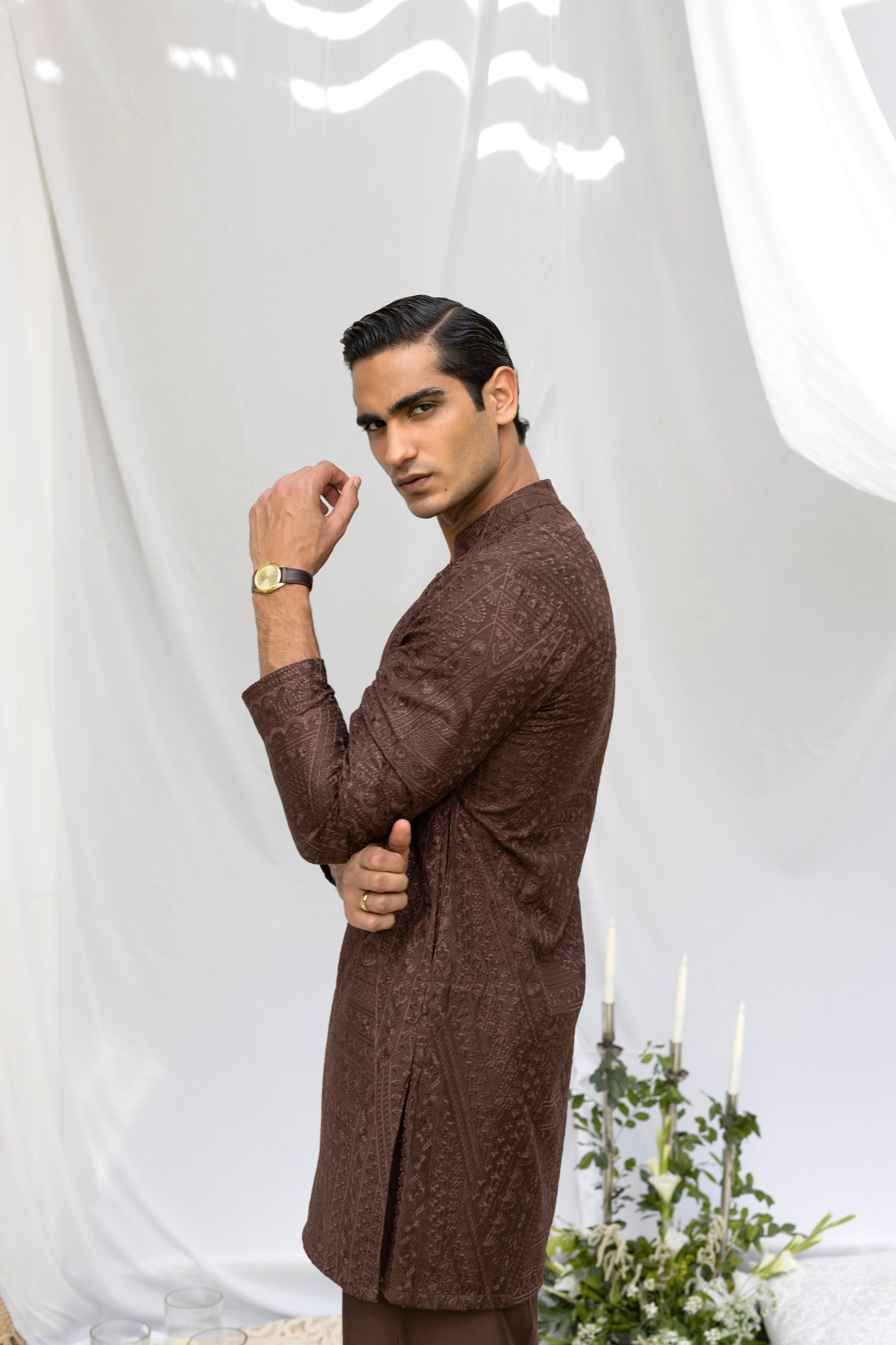 Brown Tarqee Kurta Pajama