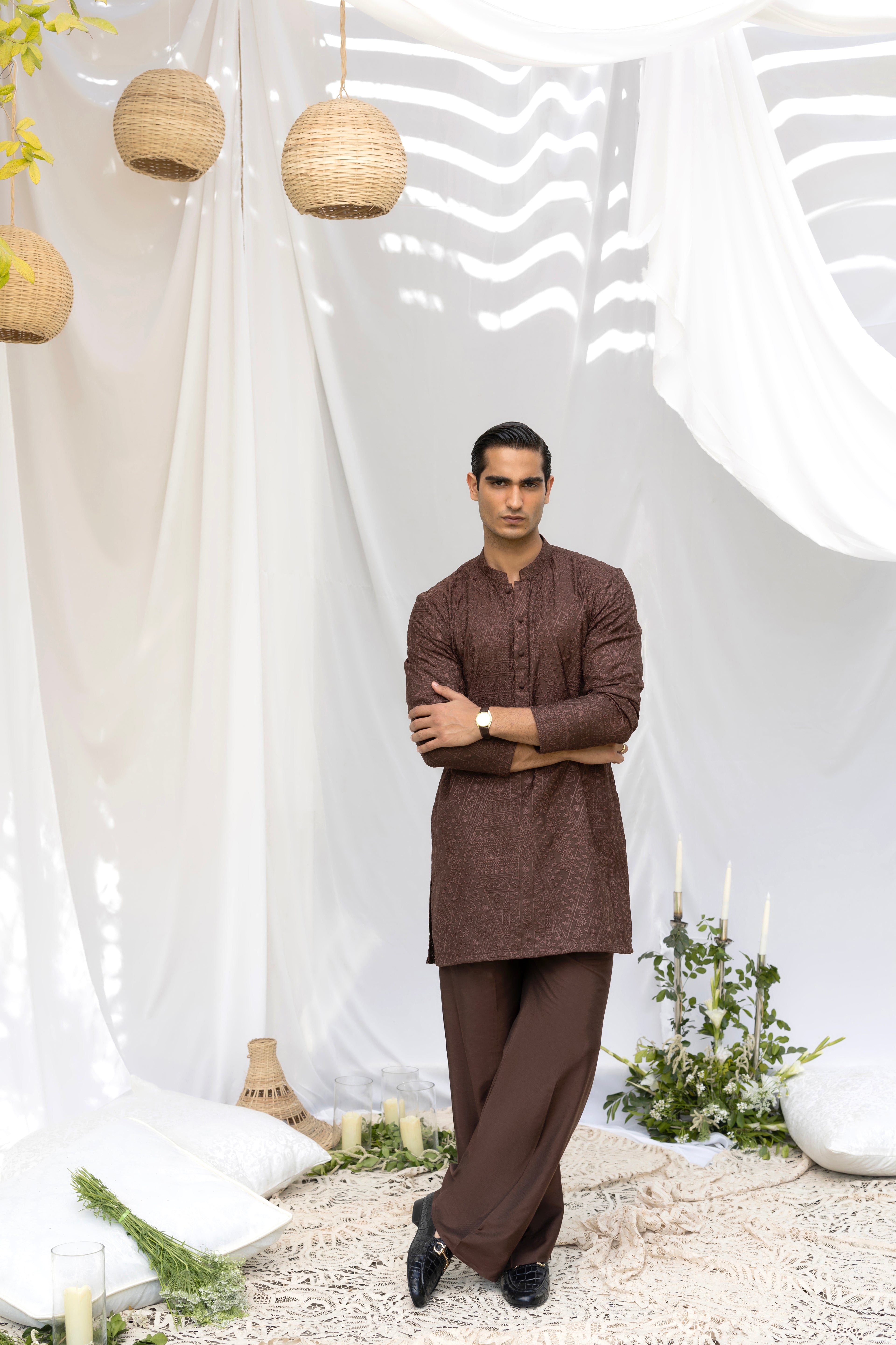 Brown Tarqee Kurta Pajama