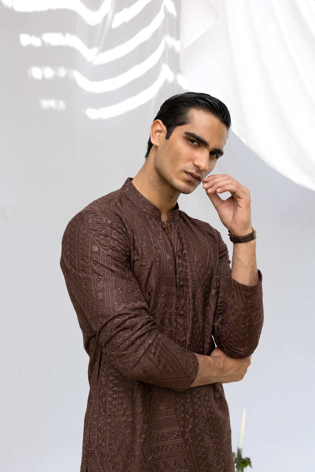 Brown Tarqee Kurta Pajama