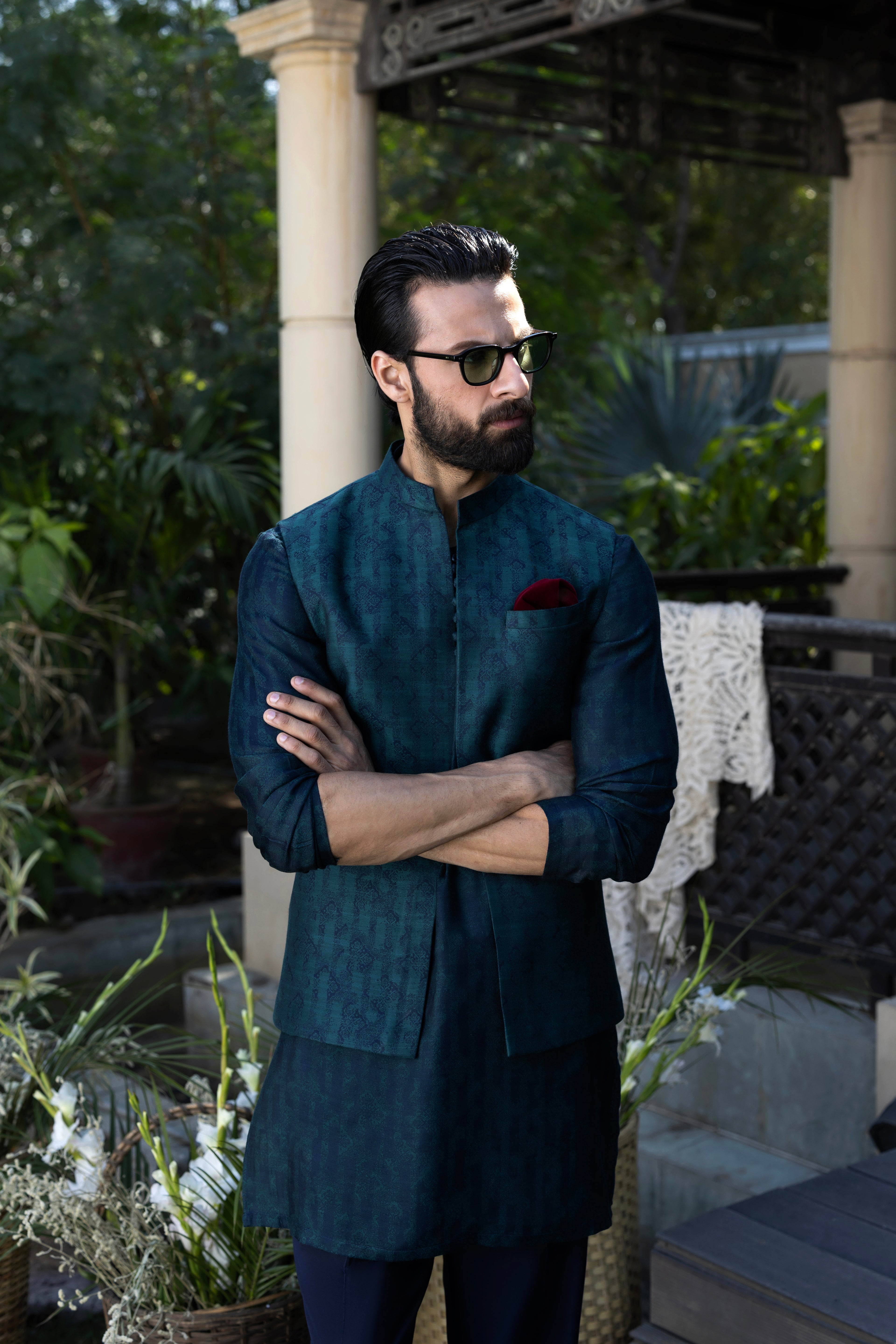 Teal Green & Blue Muhazzab Kurta pajama