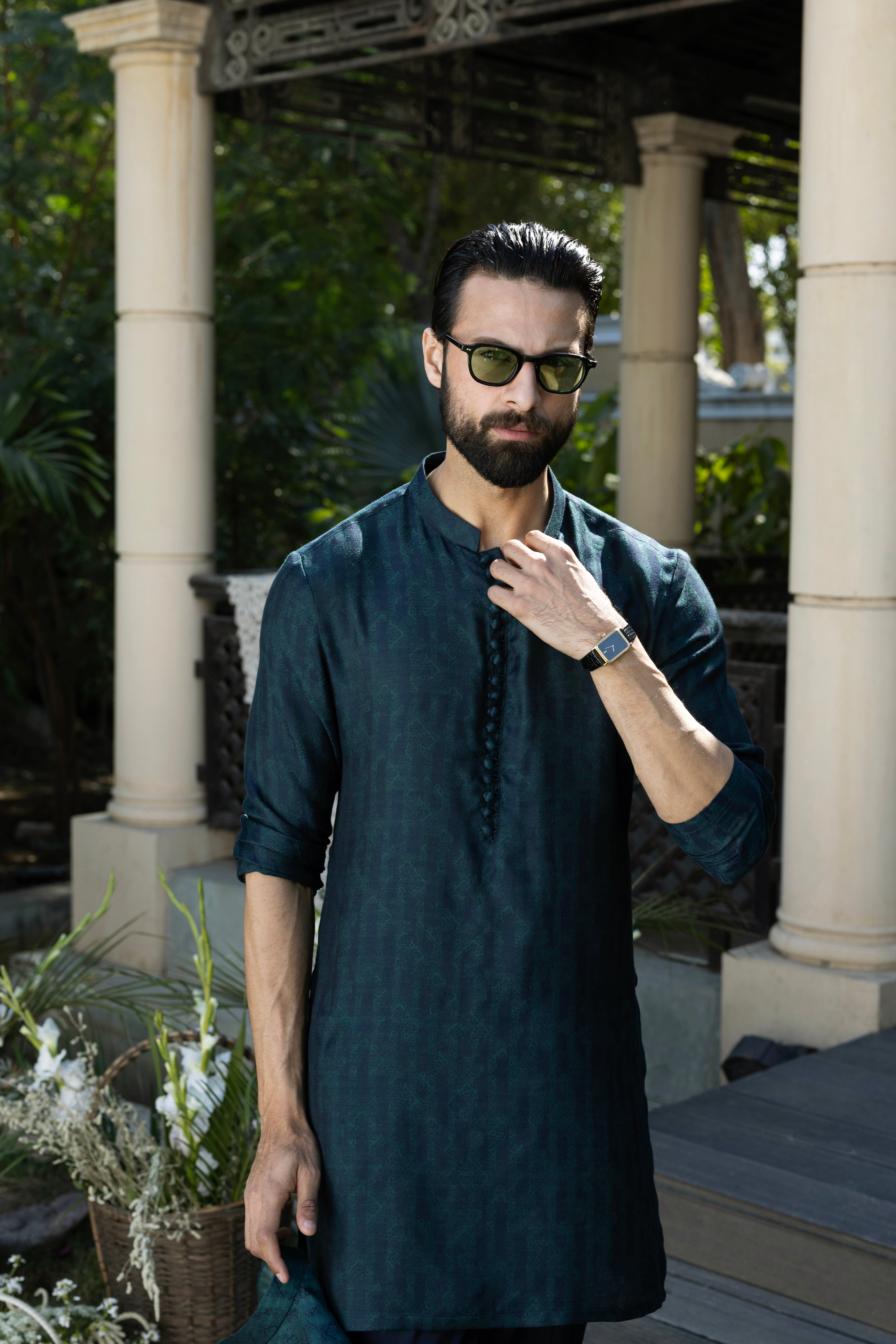 Teal Green & Blue Muhazzab Kurta pajama