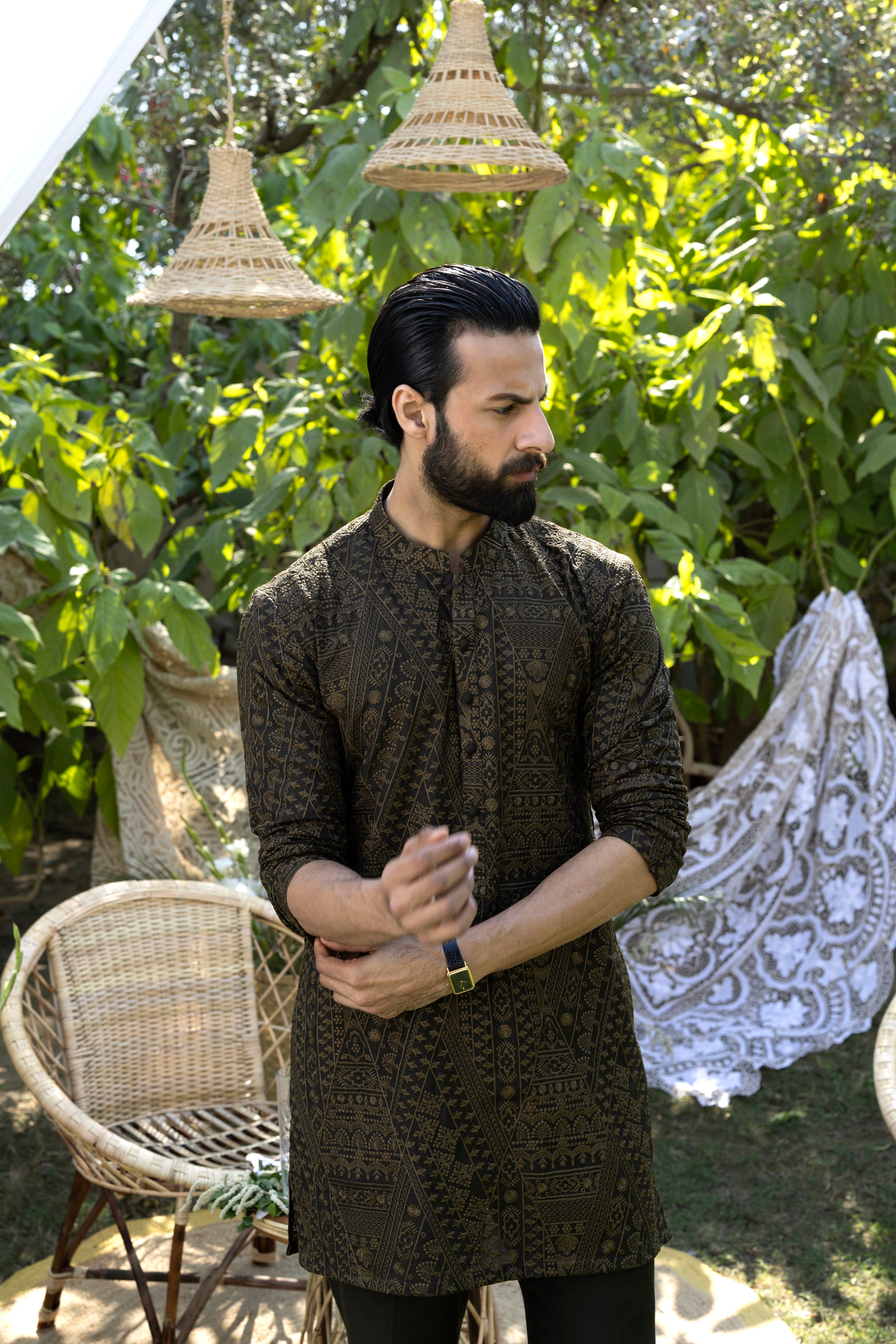 Olive Green Tarqee Kurta Pajama