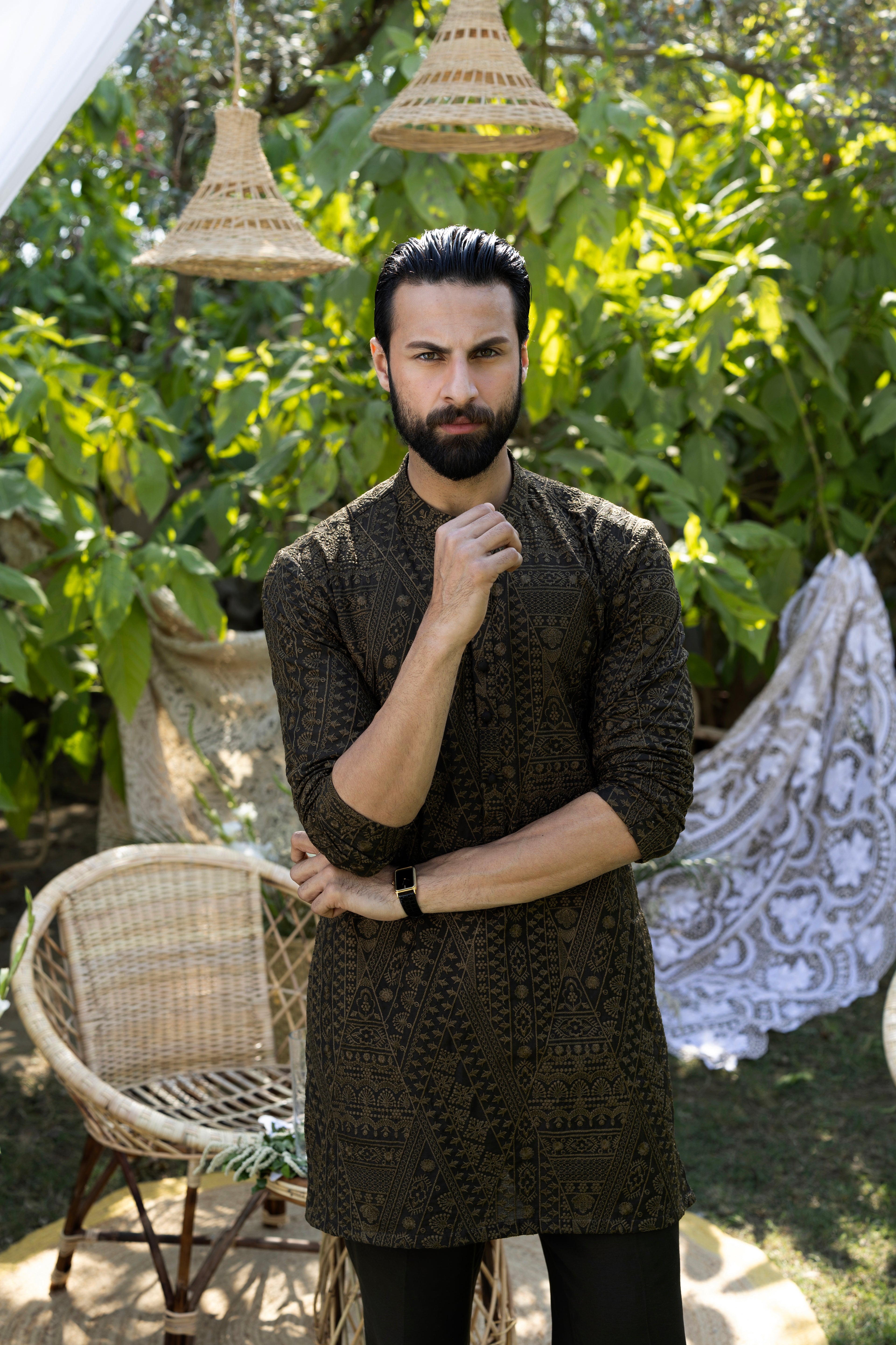 Olive Green Tarqee Kurta Pajama