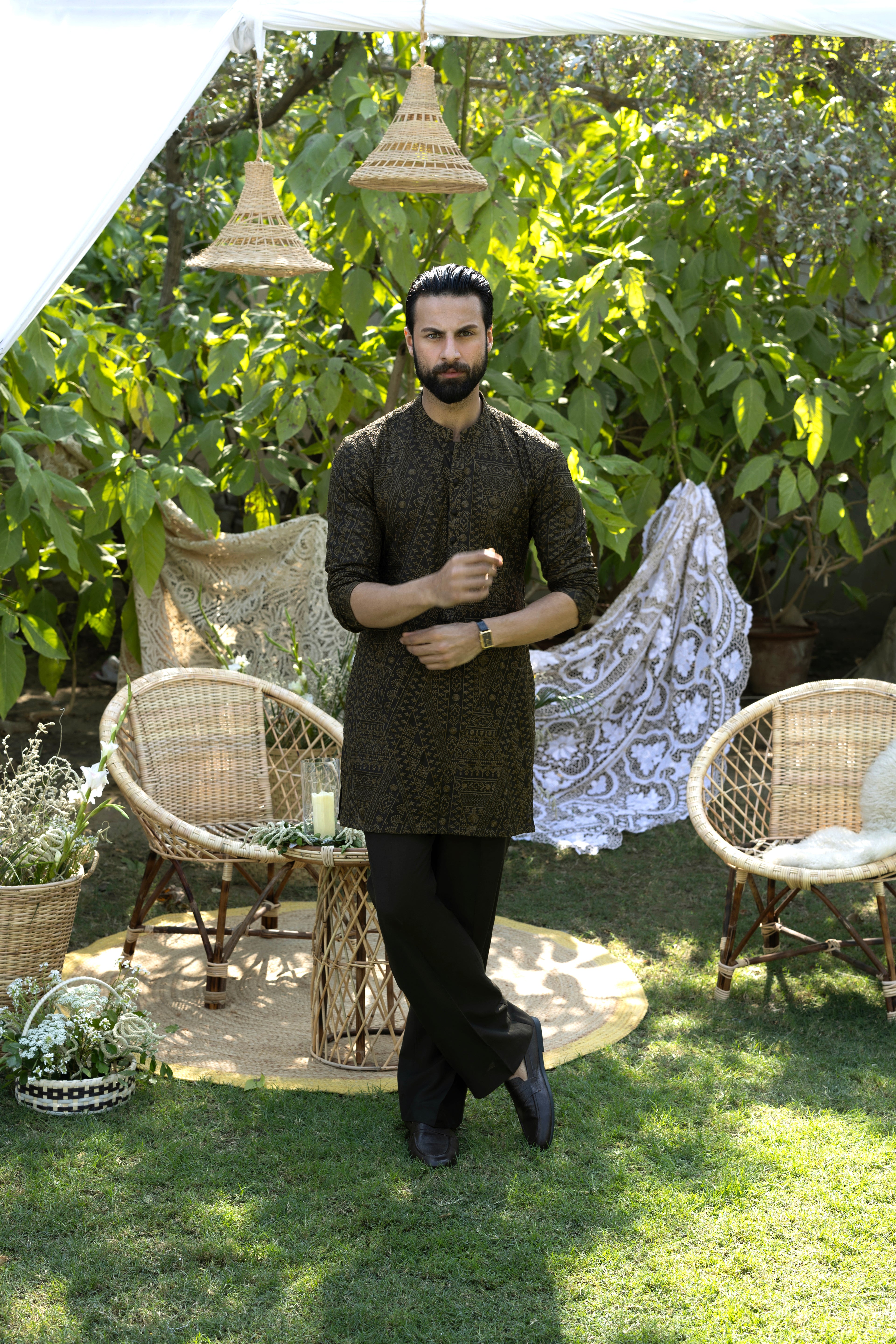 Olive Green Tarqee Kurta Pajama