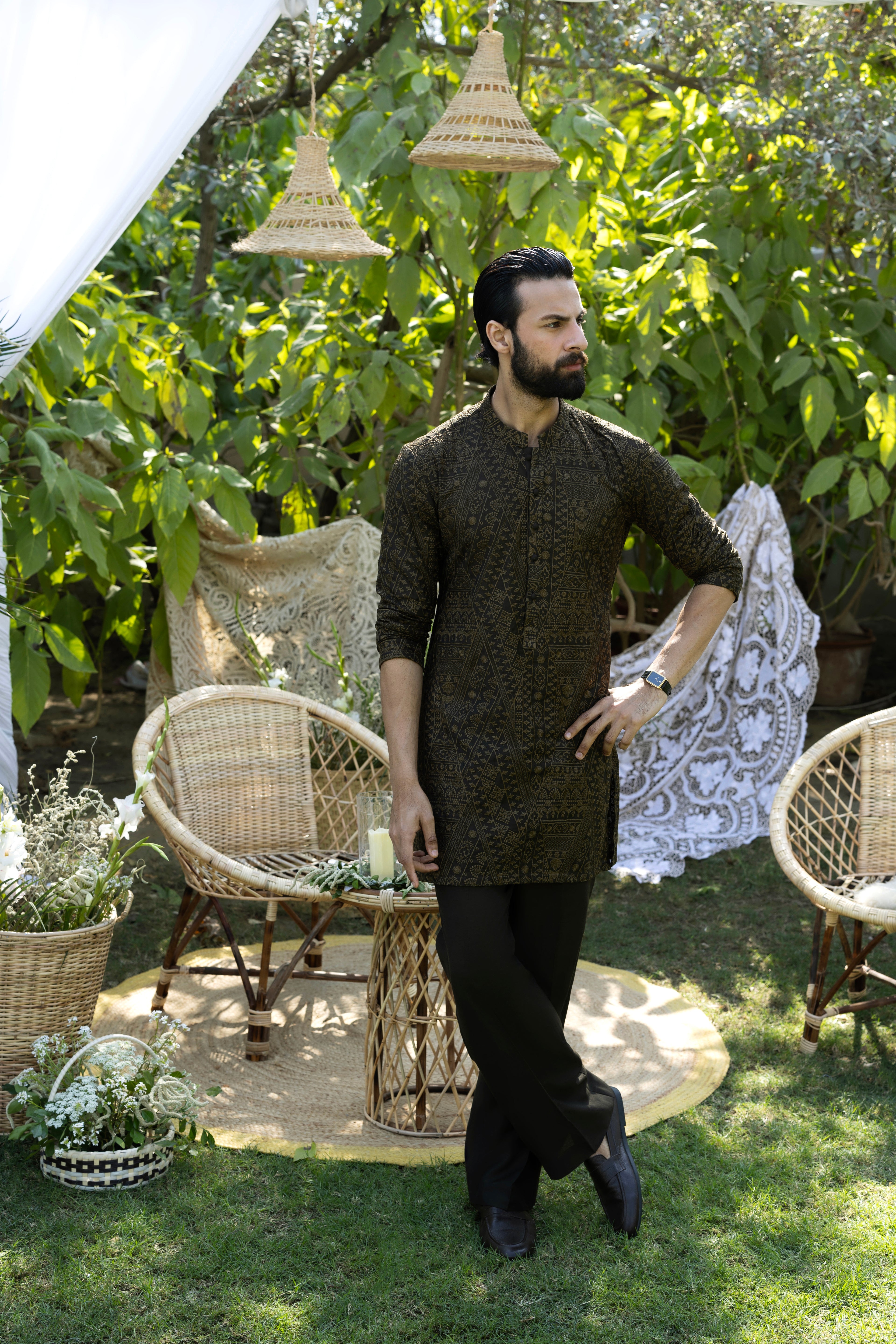 Olive Green Tarqee Kurta Pajama