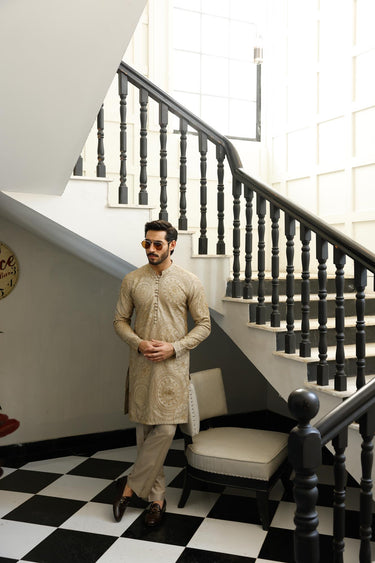-SHAHKAAR- CHAMPAGNE KURTA PAJAMA Humayunalamgir