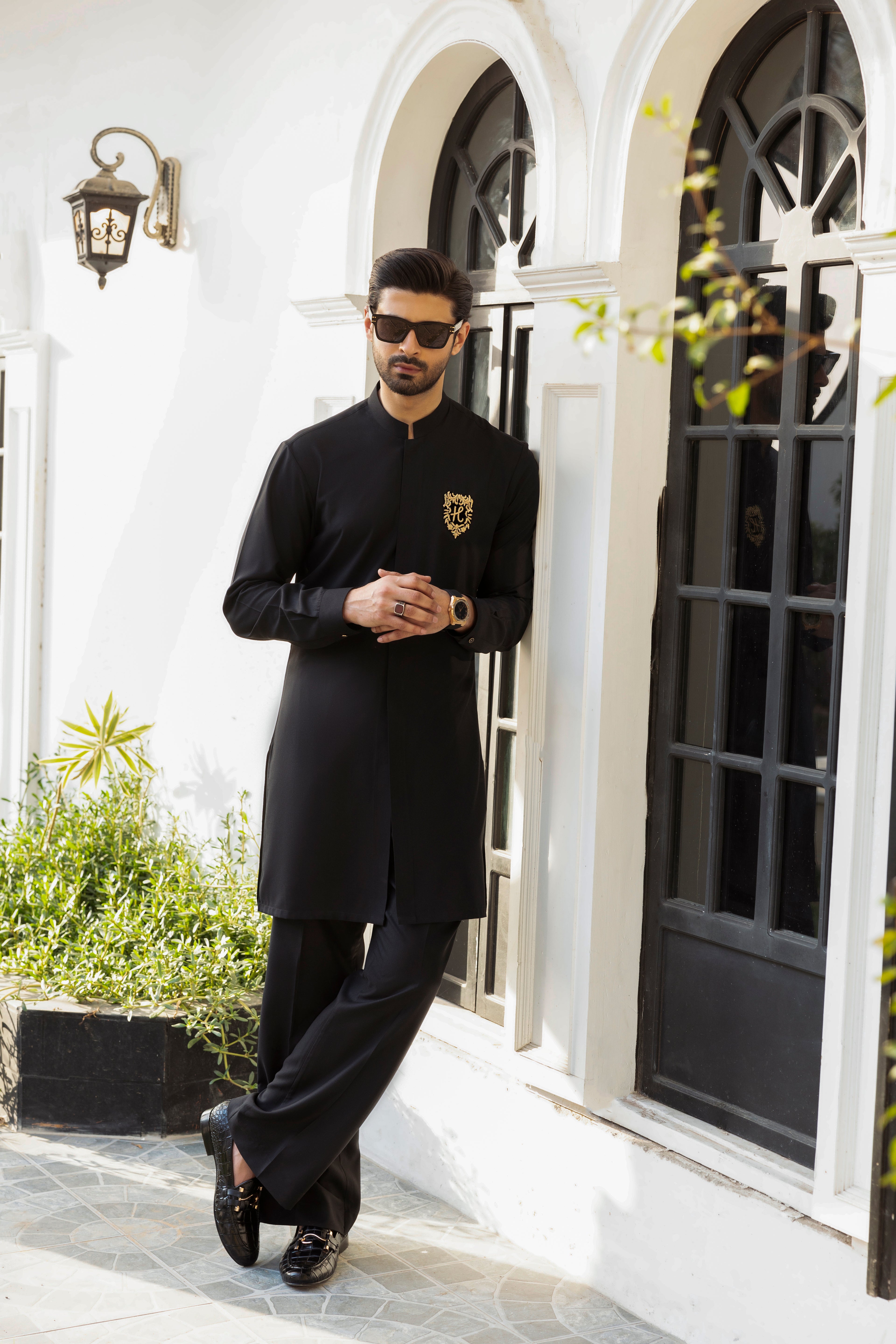 BLACK SELF TEXTURE WASH N WEAR KURTA PAJAMA Humayunalamgir