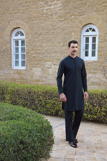 BLACK EGYPTIAN COTTON SATIN KURTA PAJAMA Humayunalamgir