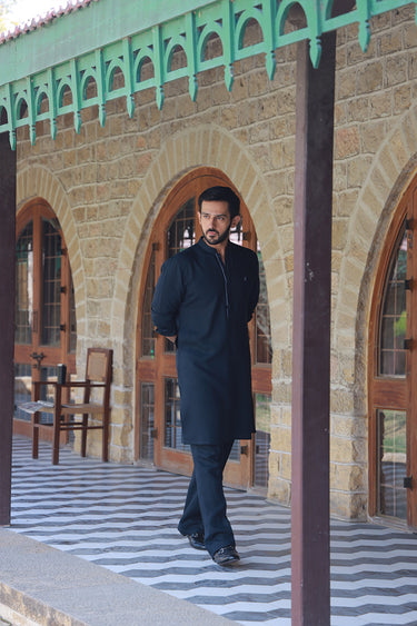 NAVY BLUE LINEN KURTA PAJAMA Humayunalamgir
