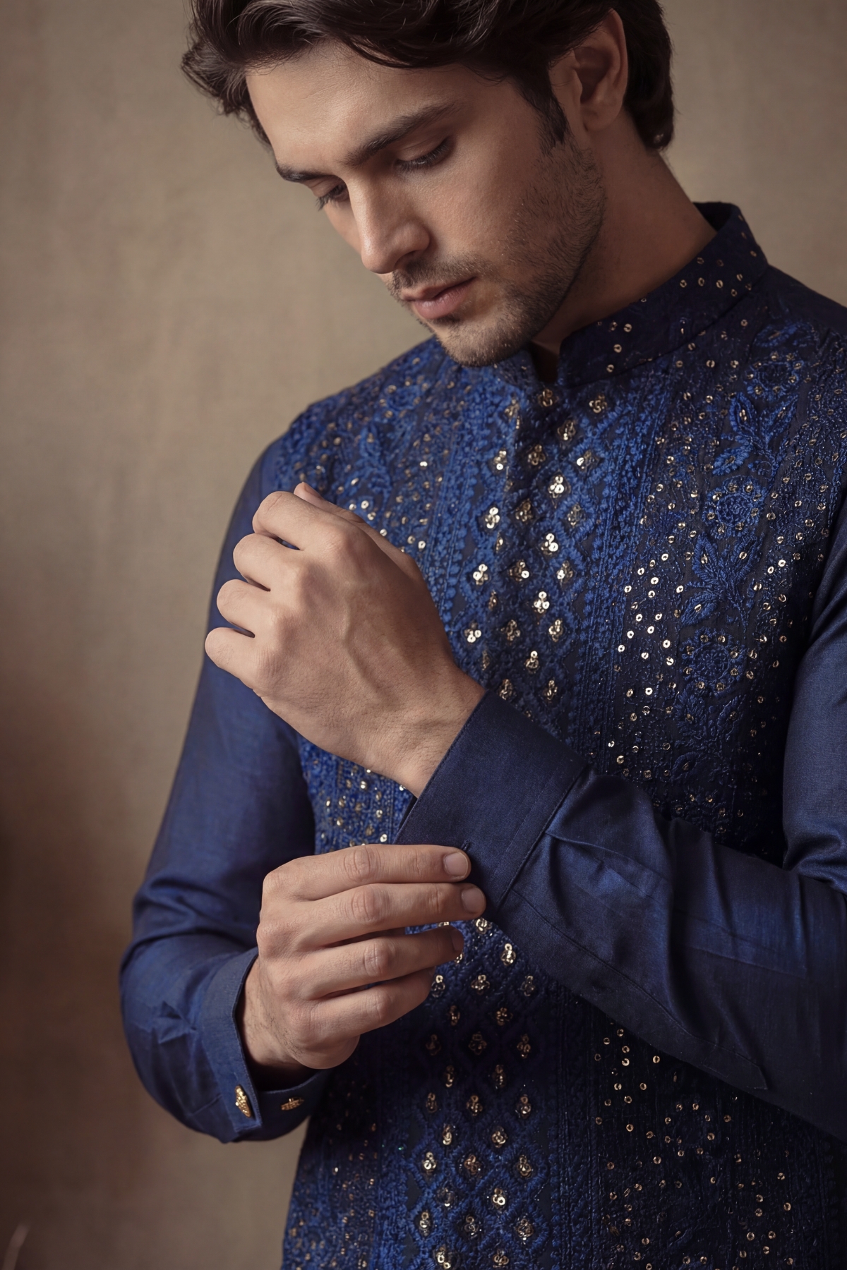 NAVY BLUE EMBOSSED SEQUENCE WAISTCOAT Clothing Humayunalamgir