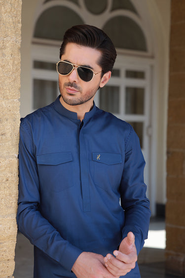 ROYAL BLUE LINEN KURTA PAJAMA Humayunalamgir