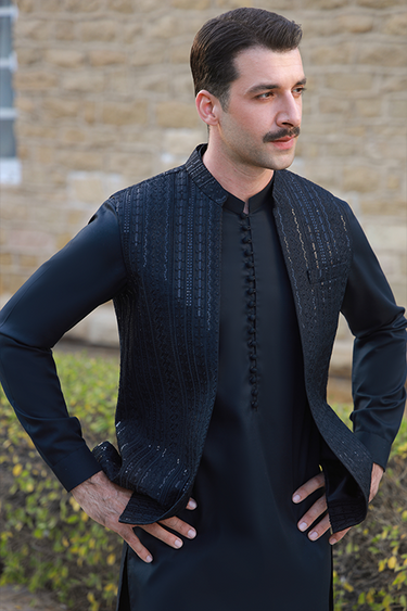 BLACK EGYPTIAN COTTON SATIN KURTA PAJAMA Humayunalamgir