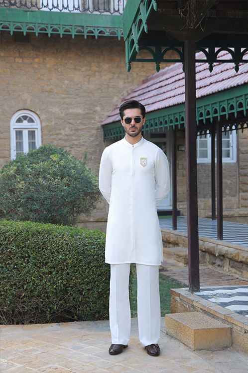 OFF WHITE SELF TEXTURE WASH N WEAR KURTA PAJAMA Humayunalamgir