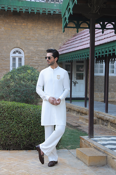 OFF WHITE SELF TEXTURE WASH N WEAR KURTA PAJAMA Humayunalamgir