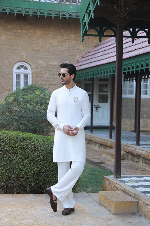 OFF WHITE SELF TEXTURE WASH N WEAR KURTA PAJAMA Humayunalamgir