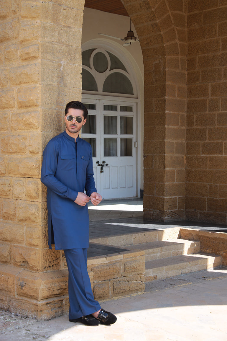 ROYAL BLUE LINEN KURTA PAJAMA Humayunalamgir