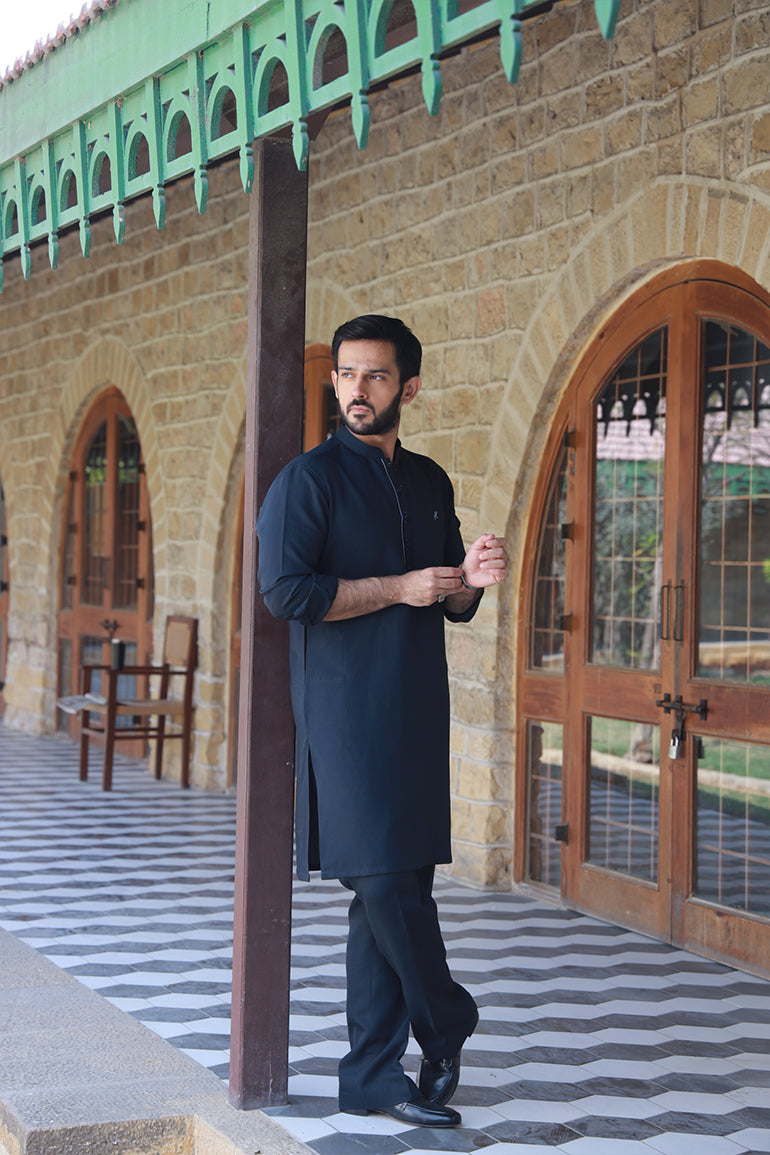 NAVY BLUE LINEN KURTA PAJAMA Humayunalamgir