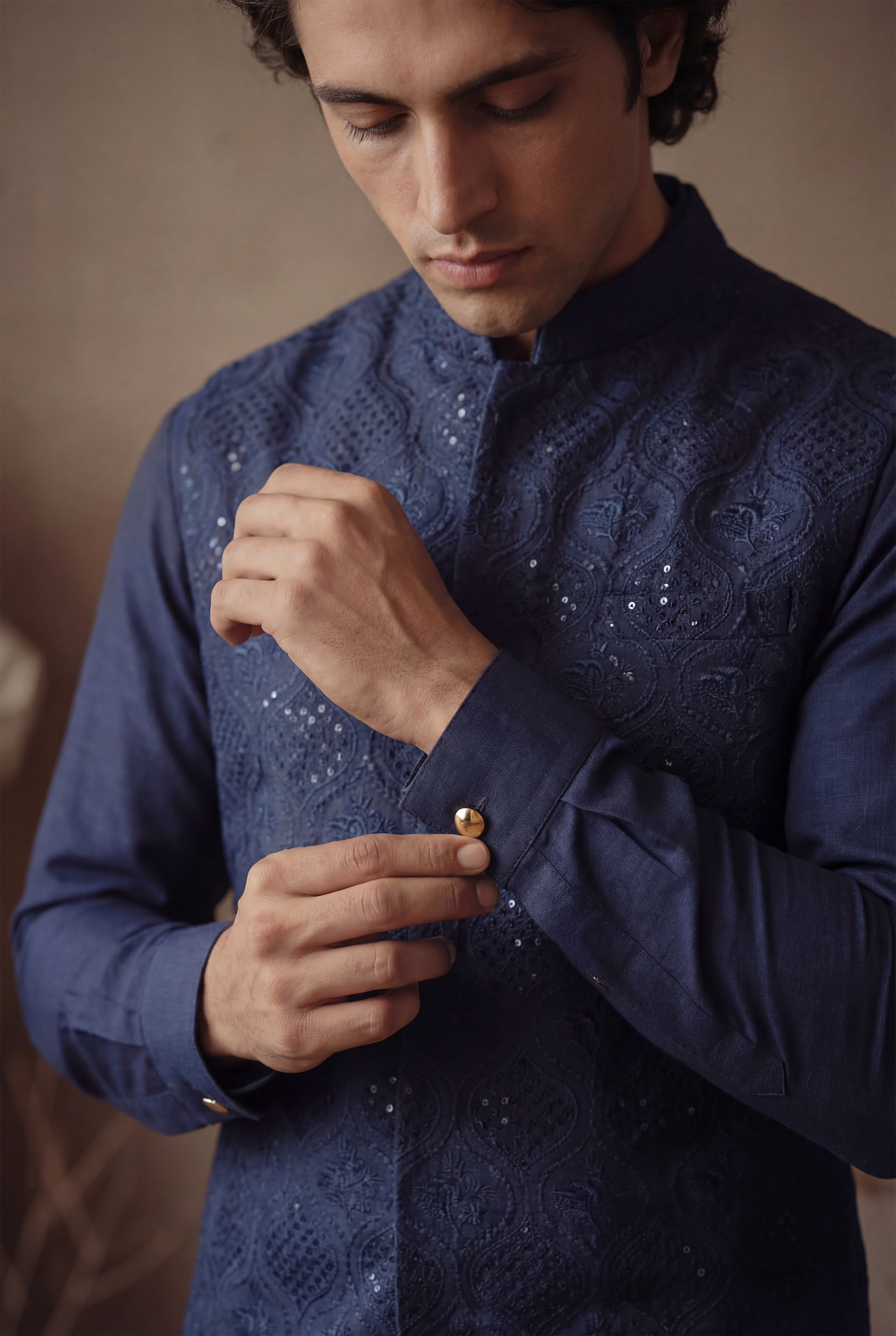 NAVY BLUE SELF EMBROIEDERED WAISTCOAT Clothing Humayunalamgir