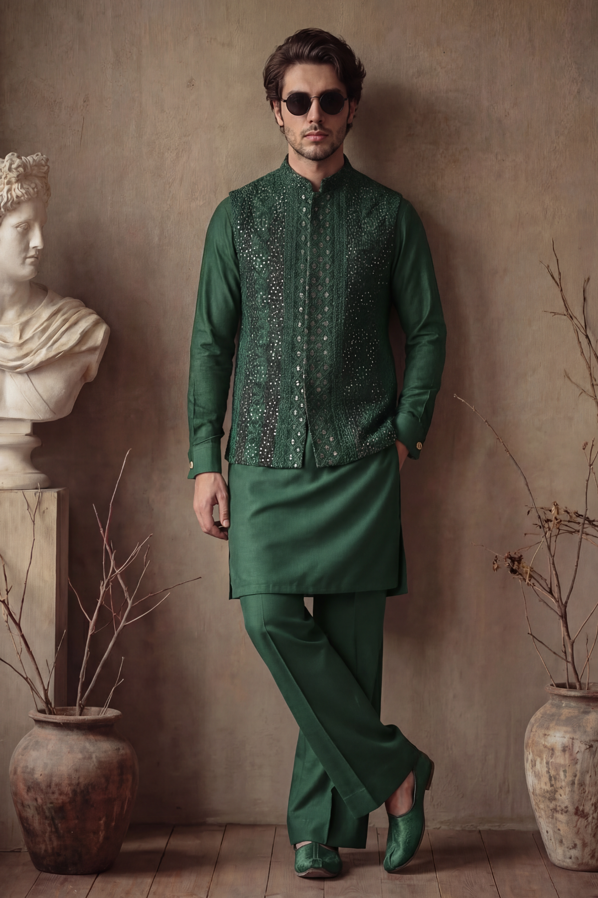 GREEN EMBOSSED SEQUENCE WAISTCOAT Clothing Humayunalamgir