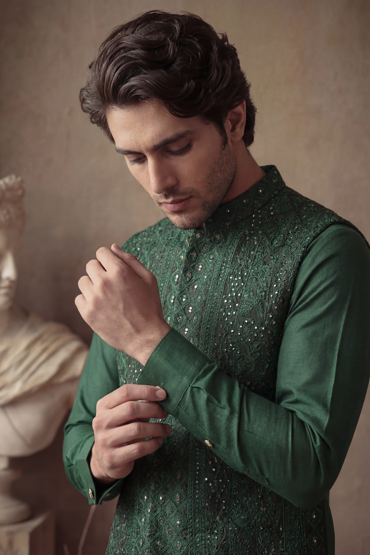GREEN EMBOSSED SEQUENCE WAISTCOAT Clothing Humayunalamgir