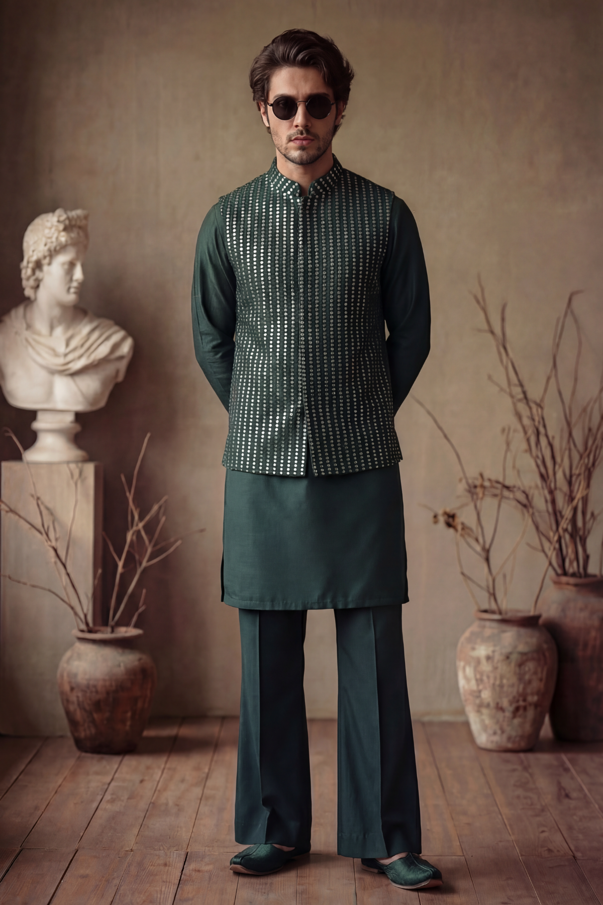GREEN SEQUENCE WAISTCOAT Clothing Humayunalamgir
