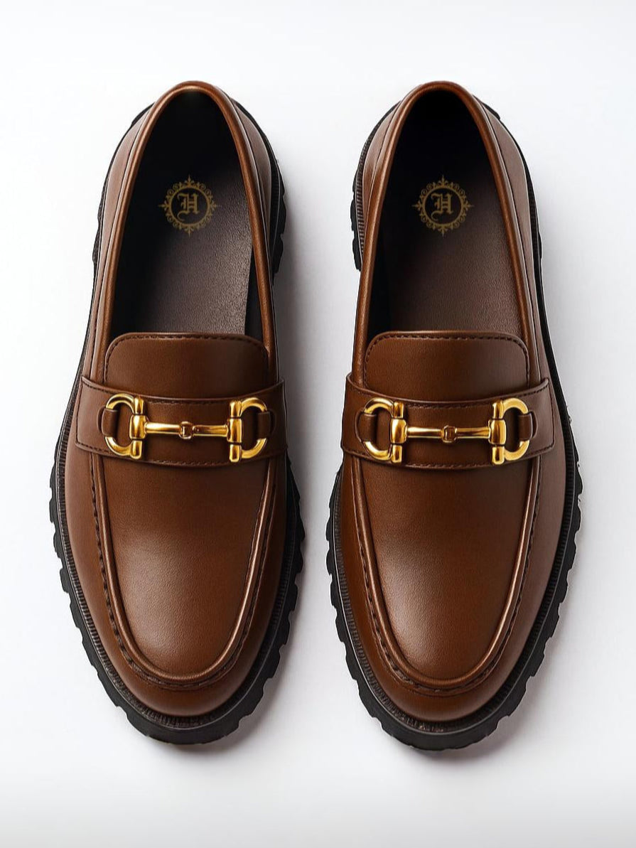 BROWN CHUNKY LEATHER LOAFERS WITH GOLDEN BUCKLE Shoes Humayun Alamgir