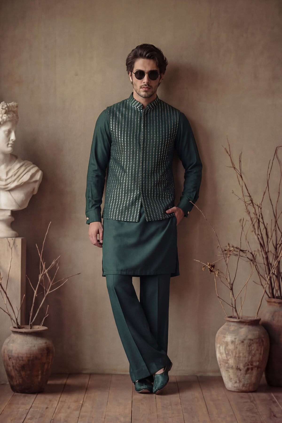 GREEN SEQUENCE WAISTCOAT Clothing Humayunalamgir