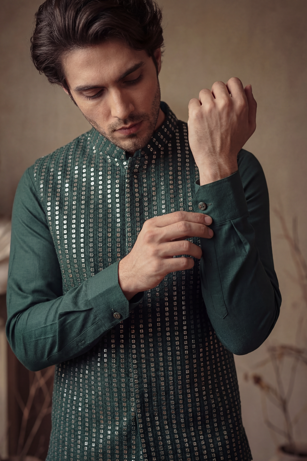 GREEN SEQUENCE WAISTCOAT Clothing Humayunalamgir