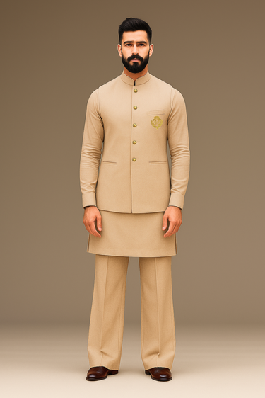 BEIGE COTTON SILK WAISTCOAT WITH KURTA/PAJAMA Waist Coats Humayun Alamgir