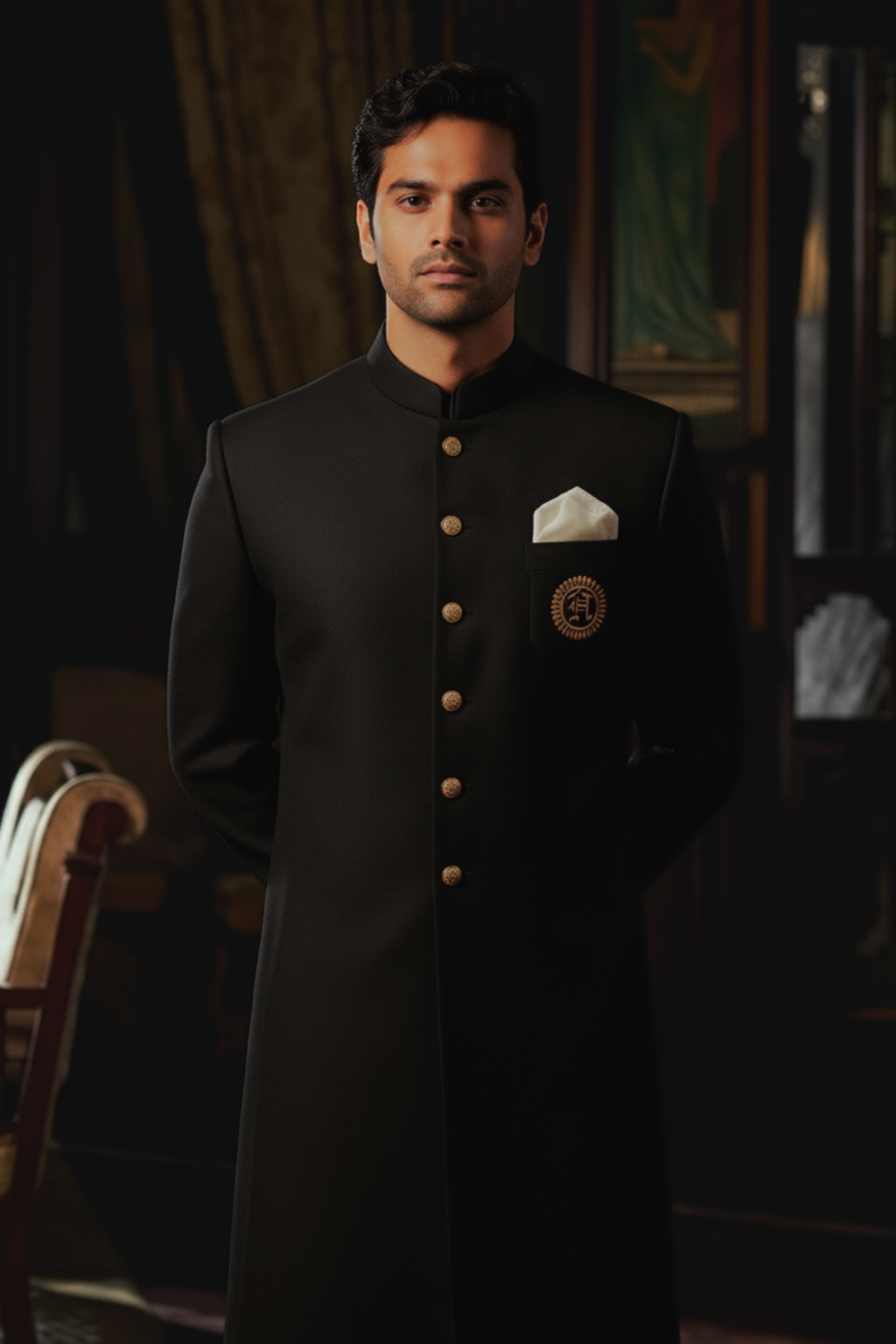 Black Sherwani with Golden Motif sherwani Humayun Alamgir