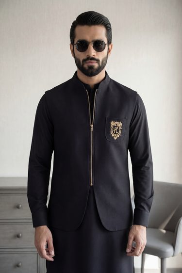 BLACK ZIP-FRONT WAISTCOAT Clothing Humayunalamgir