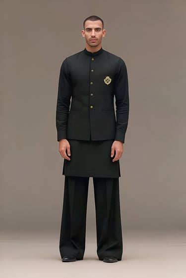 BLACK COTTON SILK WAISTCOAT WITH KURTA/PAJAMA Waist Coats Humayun Alamgir
