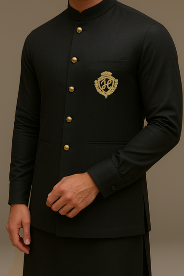 BLACK WAISTCOAT WITH KURTA/PAJAMA - COTTON SILK Waist Coats Humayun Alamgir