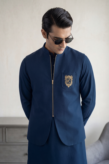 BLUE ZIP-FRONT WAISTCOAT Clothing Humayunalamgir