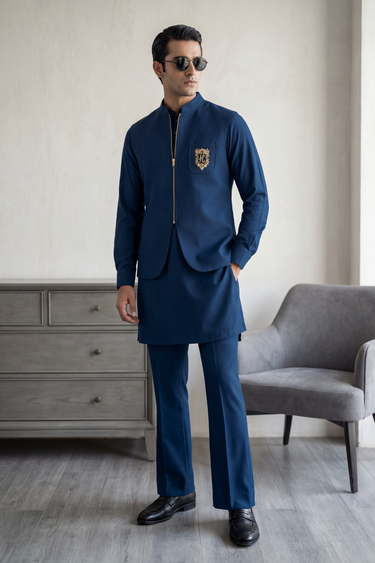 BLUE ZIP-FRONT WAISTCOAT Clothing Humayunalamgir