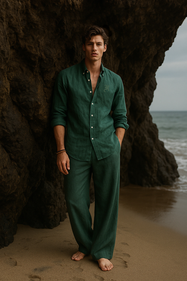 BOTTLE GREEN LINEN CO-RD SET Humayun Alamgir