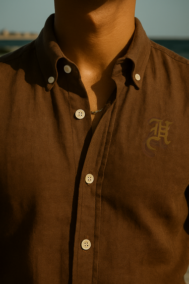 BROWN LINEN CO-RD SET Humayun Alamgir