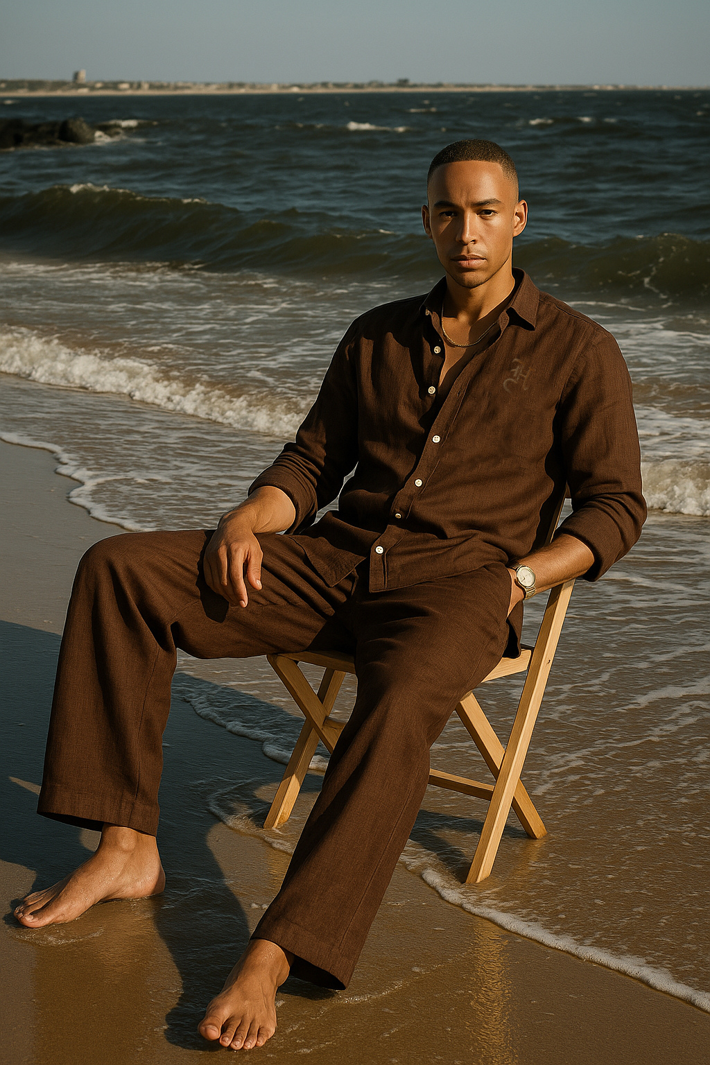 BROWN LINEN CO-RD SET Humayun Alamgir