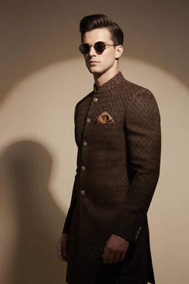 Brown Velvet Sherwani with Kurta Pajama