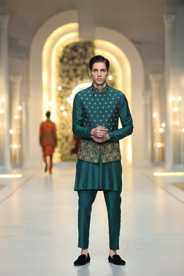 Teel Green Cotton Silk Waist Coat HumayunAlamgir