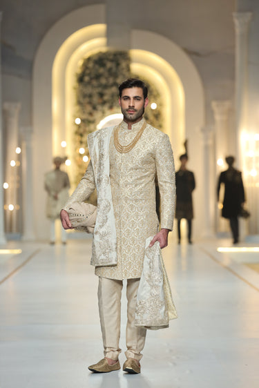 Beige Self-Embroidered Sherwani