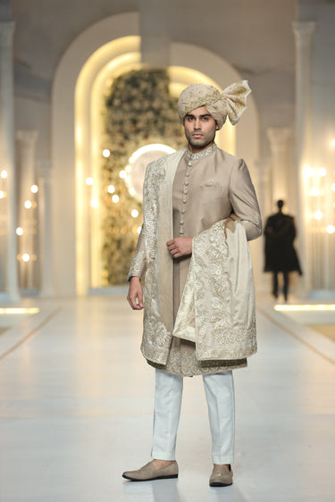 Beige Raw Silk Sherwani