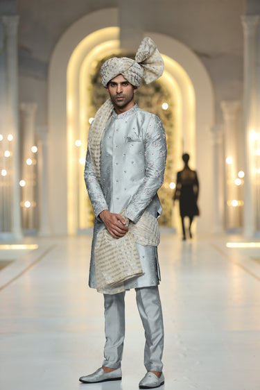 Silver Raw Silk Sherwani