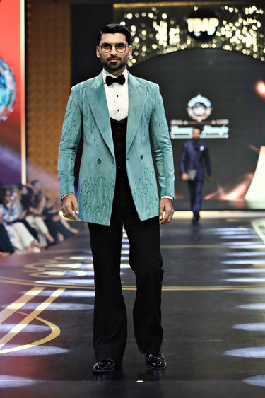 MINT GREEN VELVET 3P TUXEDO HAND EMROIDERY