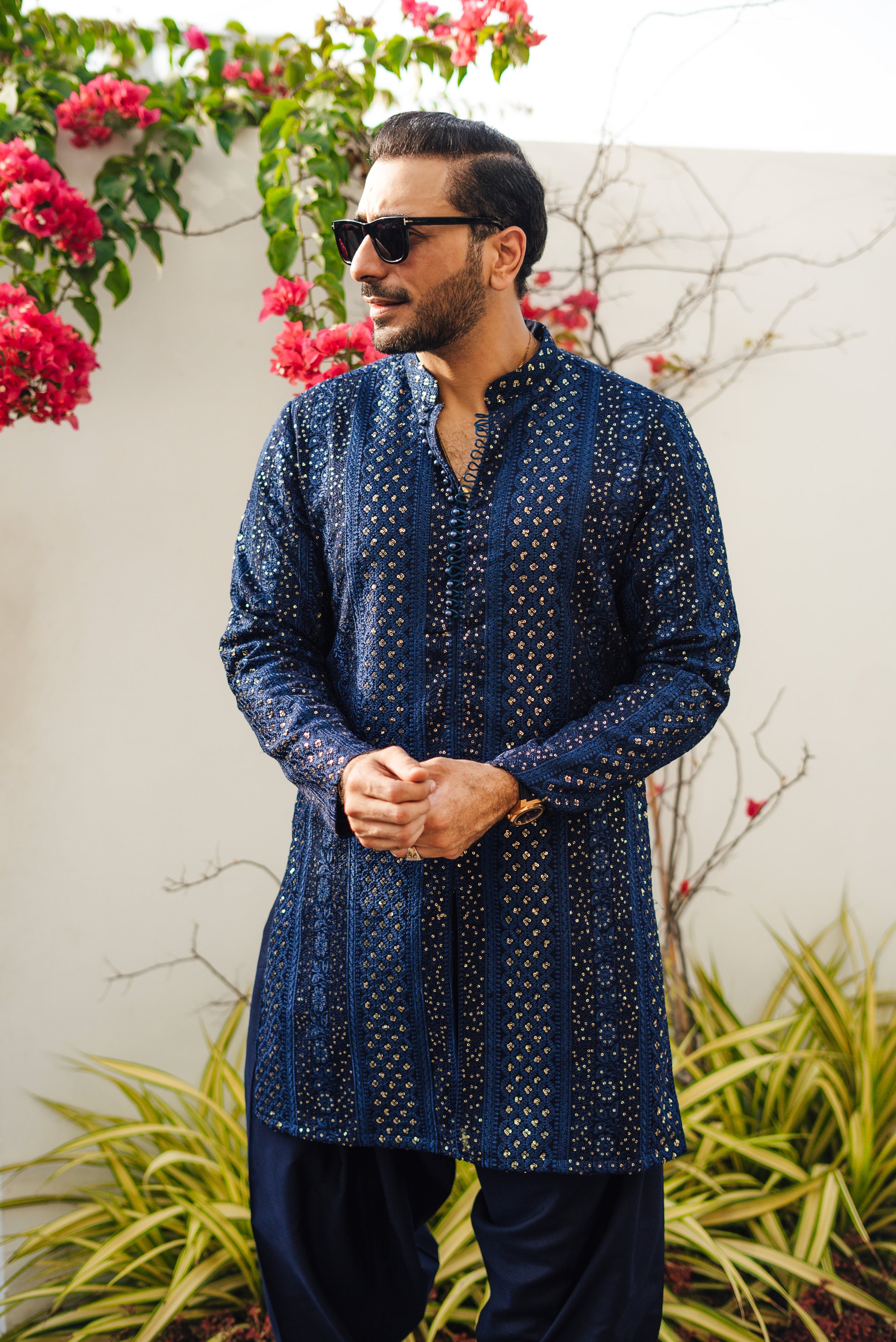 Blue Sequence Embossed Kurta Pajama HumayunAlamgir