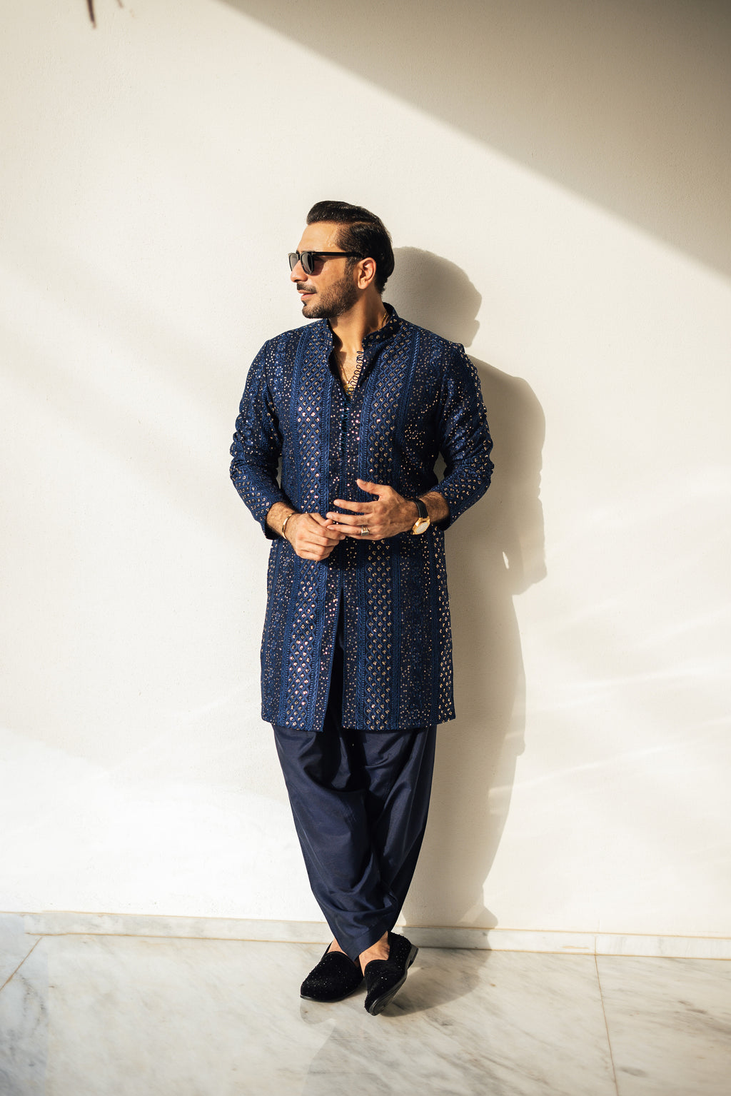 Blue Sequence Embossed Kurta Pajama HumayunAlamgir S
