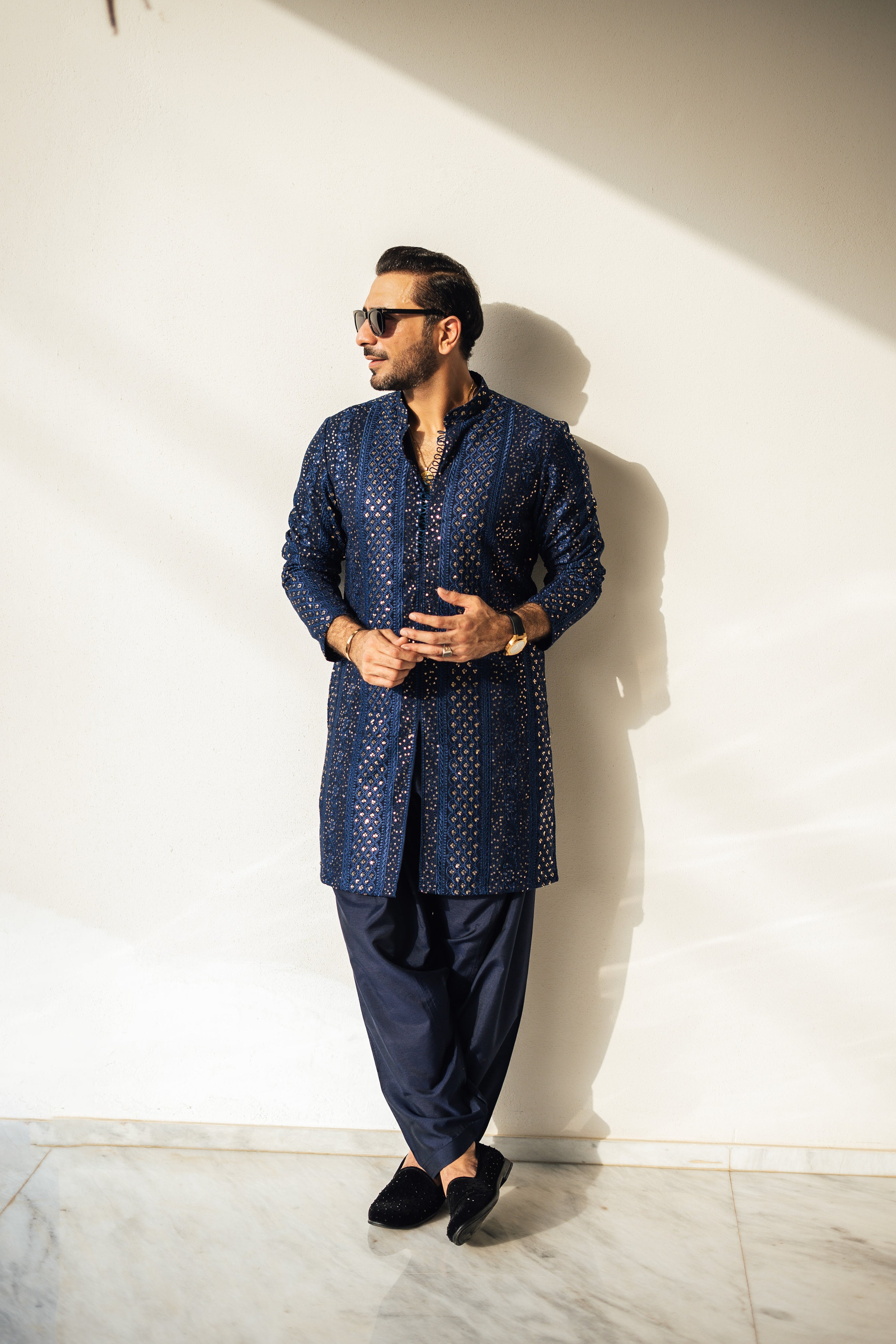 Blue Sequence Embossed Kurta Pajama HumayunAlamgir S