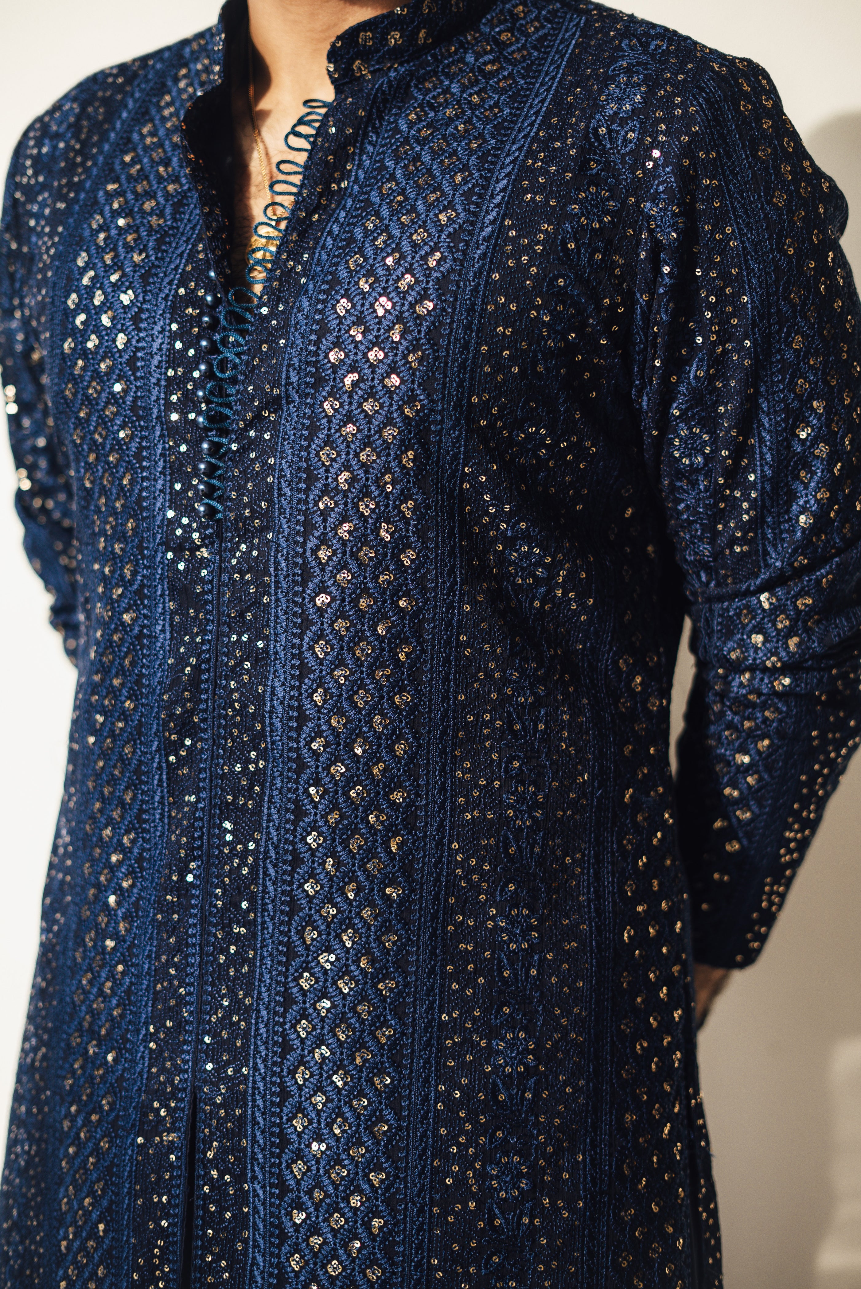 Blue Sequence Embossed Kurta Pajama HumayunAlamgir